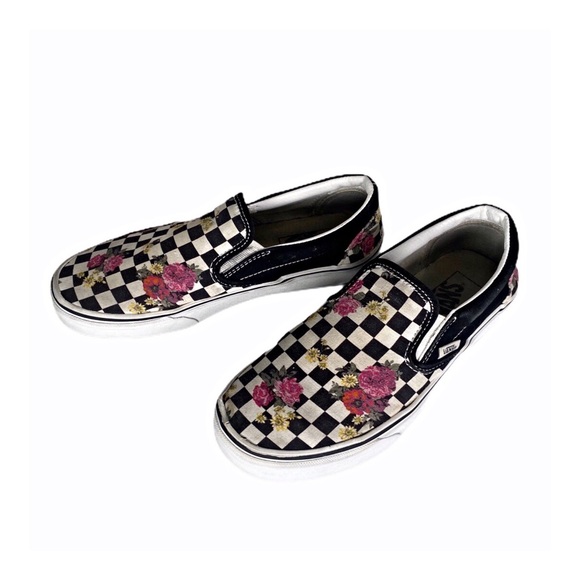 checkered floral slip on vans